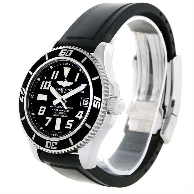 The Breitling Superocean A17364 Men
s Stainless Steel Black Dial A17364 Men
s Stainless Steel Black Dial watch is shown from a front-right angle, displaying the dial, bezel, crown, and rubber strap.