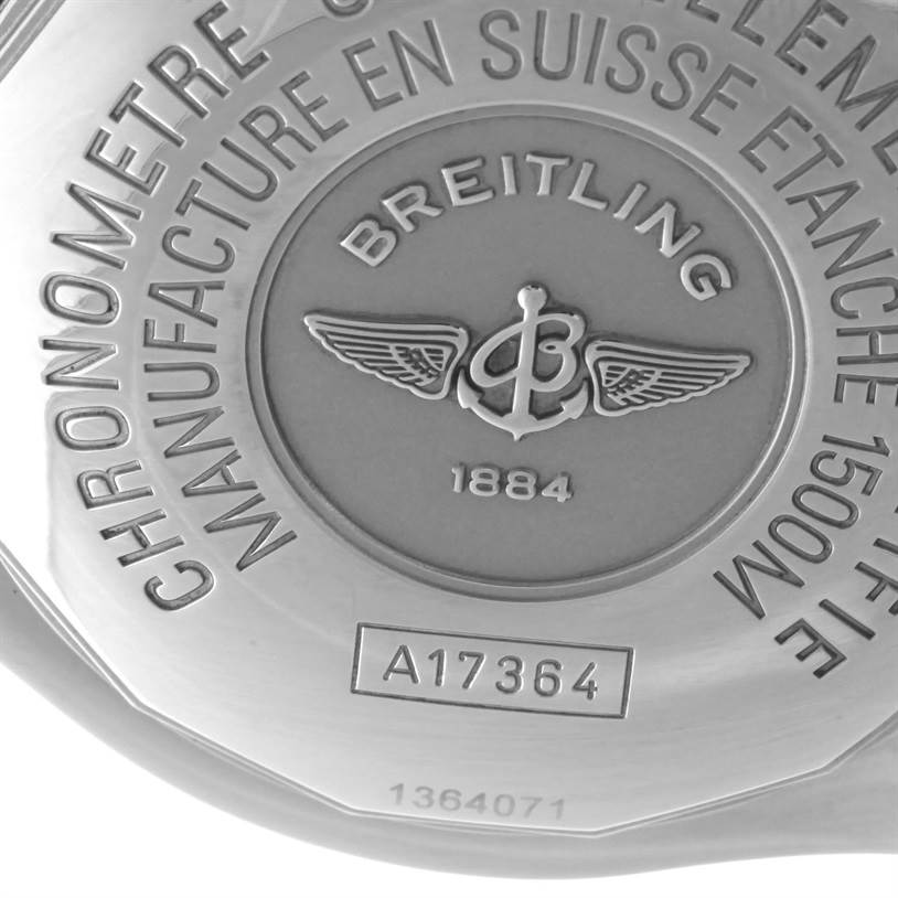 This image shows the engraved case back of a Breitling Superocean A17364 Men
s Stainless Steel Black Dial A17364 Men
s Stainless Steel Black Dial watch.