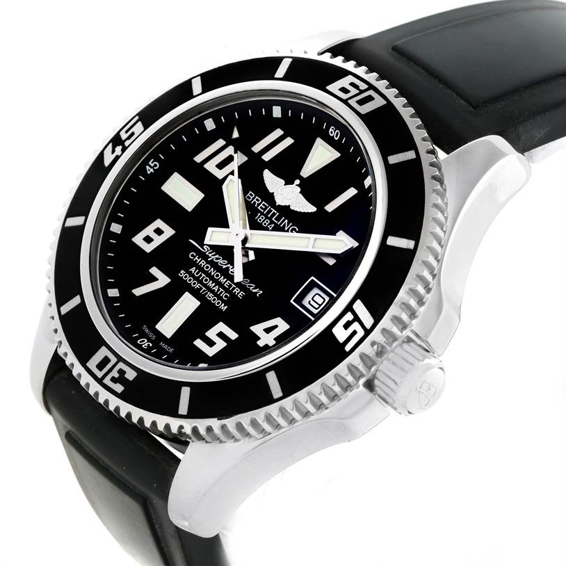 The watch is shot from an angle displaying the face, bezel, crown, and part of the strap of the Breitling Superocean A17364 Men
s Stainless Steel Black Dial A17364 Men
s Stainless Steel Black Dial model.
