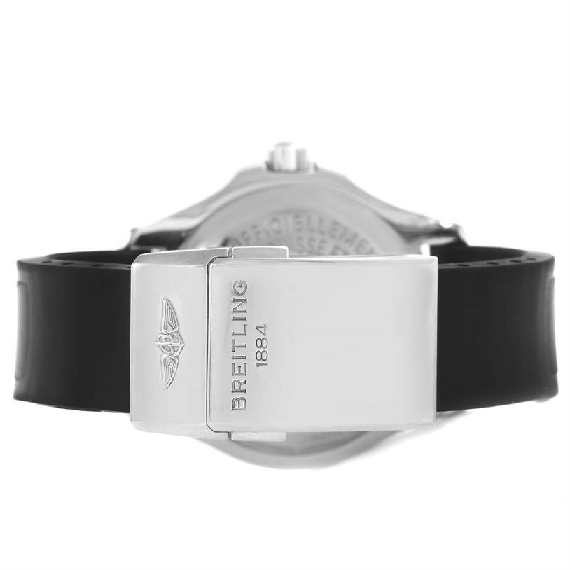 The image shows the Breitling Superocean A17364 Men
s Stainless Steel Black Dial A17364 Men
s Stainless Steel Black Dial watch from the back, highlighting the clasp and part of the strap.