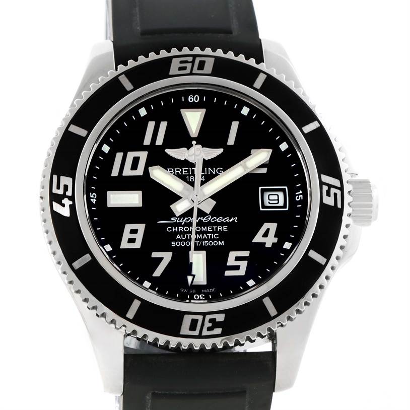 This Breitling Superocean A17364 Men
s Stainless Steel Black Dial A17364 Men
s Stainless Steel Black Dial watch is shown from the front, displaying the dial, bezel, crown, and part of the strap.