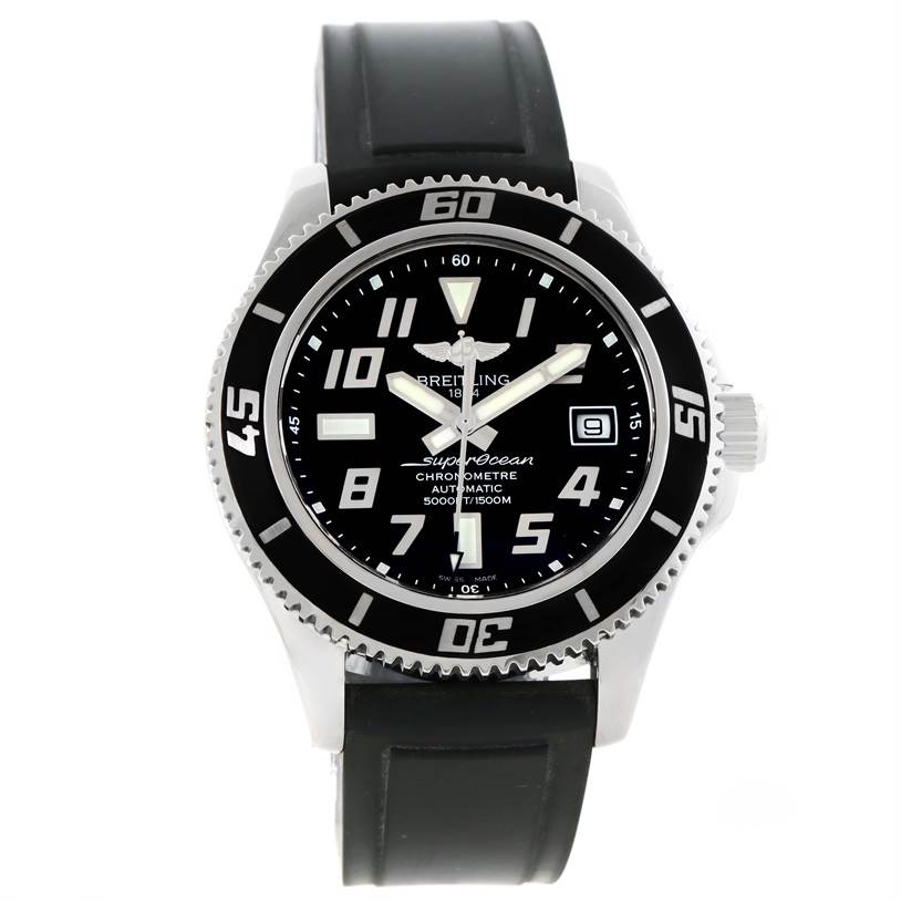 The image shows a front view of a Breitling Superocean A17364 Men
s Stainless Steel Black Dial A17364 Men
s Stainless Steel Black Dial watch with a black dial and a black rubber strap.