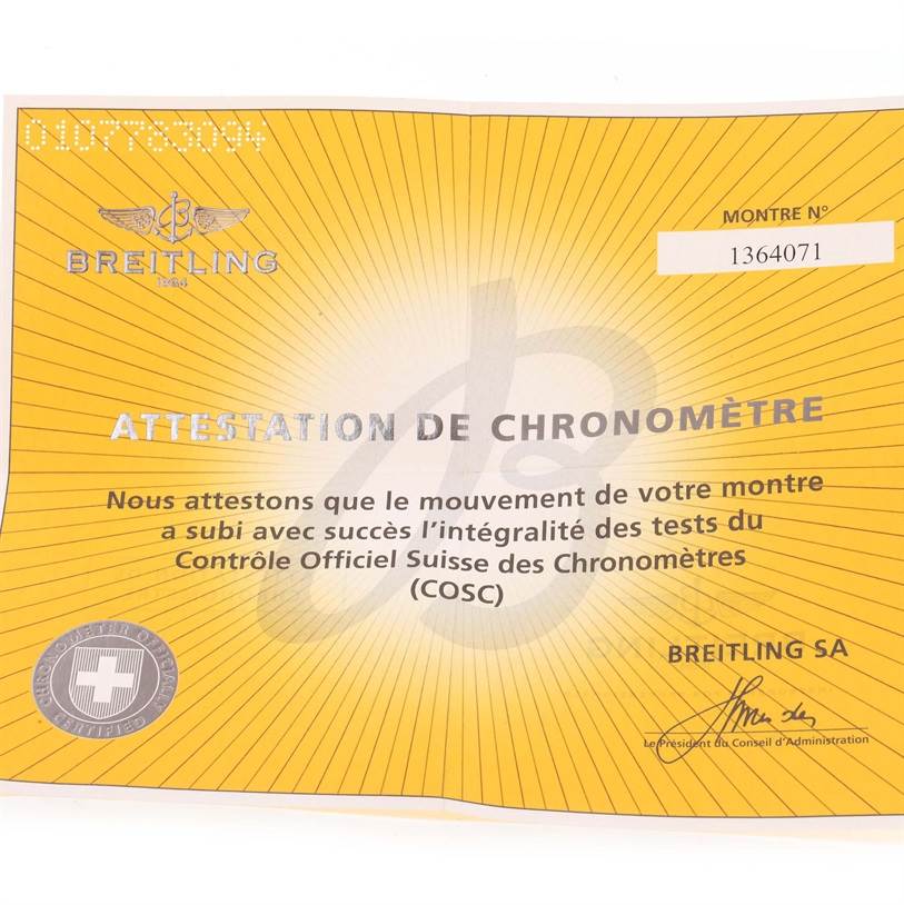 This image shows the chronometer certificate for a Breitling Superocean A17364 Men
s Stainless Steel Black Dial A17364 Men
s Stainless Steel Black Dial watch, with the model number 1364071.