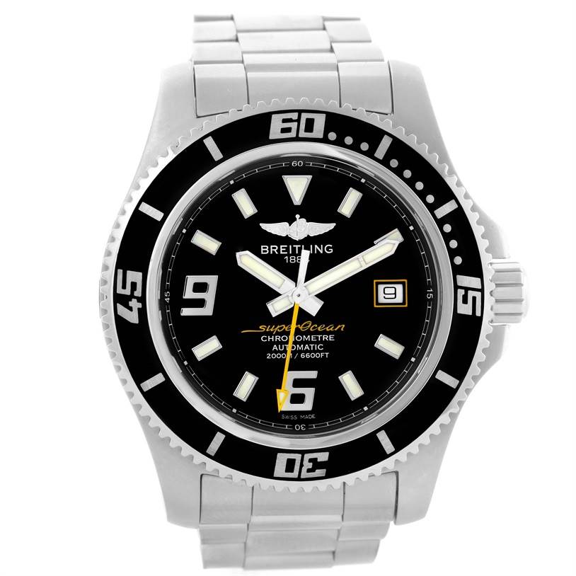 A front view of the Breitling Superocean A17391 Men's Stainless Steel Black Dial A17391 Men's Stainless Steel Black Dial watch shows the dial, bezel, and part of the metal bracelet.