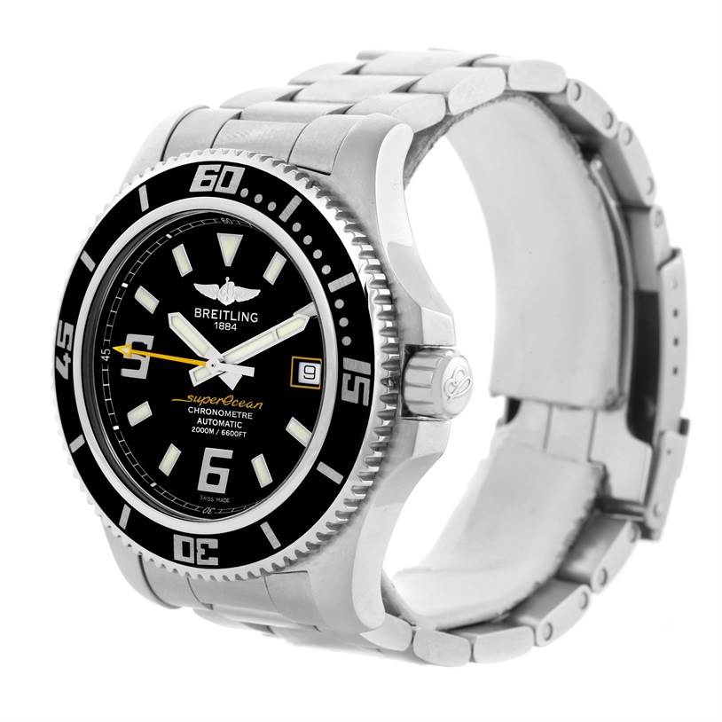 This image shows a Breitling Superocean A17391 Men's Stainless Steel Black Dial A17391 Men's Stainless Steel Black Dial watch from a 3/4 angle, highlighting its face, bezel, and part of the stainless steel bracelet.