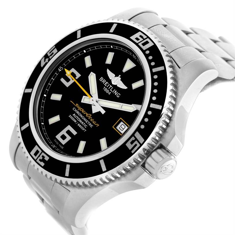 The image shows a close-up angled view of the Breitling Superocean A17391 Men's Stainless Steel Black Dial A17391 Men's Stainless Steel Black Dial watch, highlighting the face, bezel, crown, and bracelet.