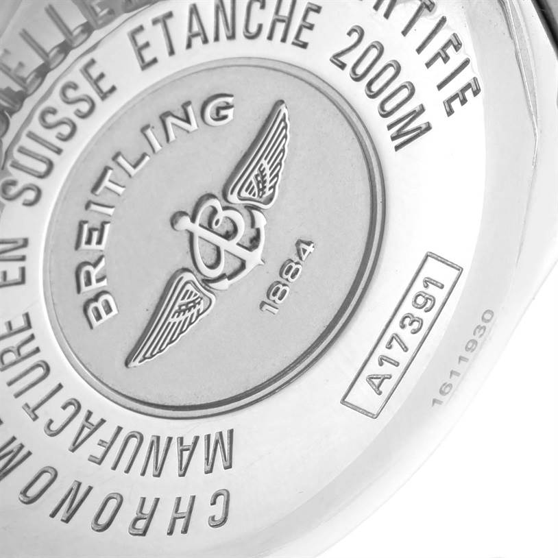 This image shows the case back of a Breitling Superocean A17391 Men's Stainless Steel Black Dial A17391 Men's Stainless Steel Black Dial watch, highlighting the brand logo and model details.