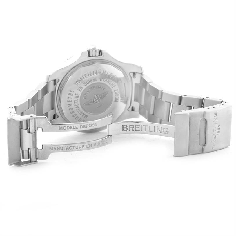 This image shows the back case and open clasp of the Breitling Superocean A17391 Men's Stainless Steel Black Dial A17391 Men's Stainless Steel Black Dial watch from a rear angle.