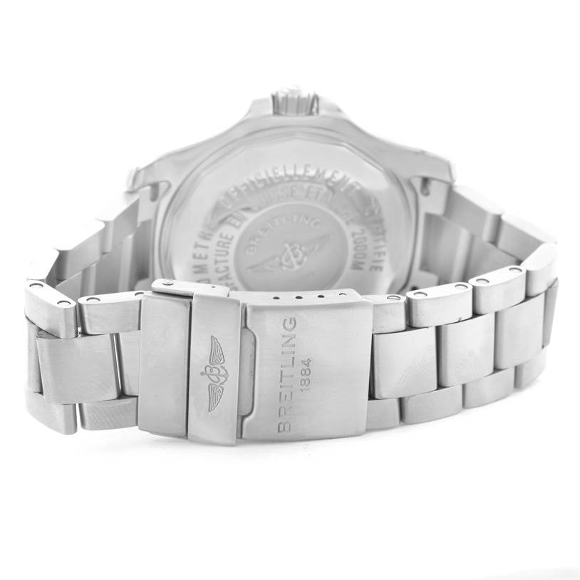 The image shows the clasp and case back of a Breitling Superocean A17391 Men's Stainless Steel Black Dial A17391 Men's Stainless Steel Black Dial watch from a rear angle.