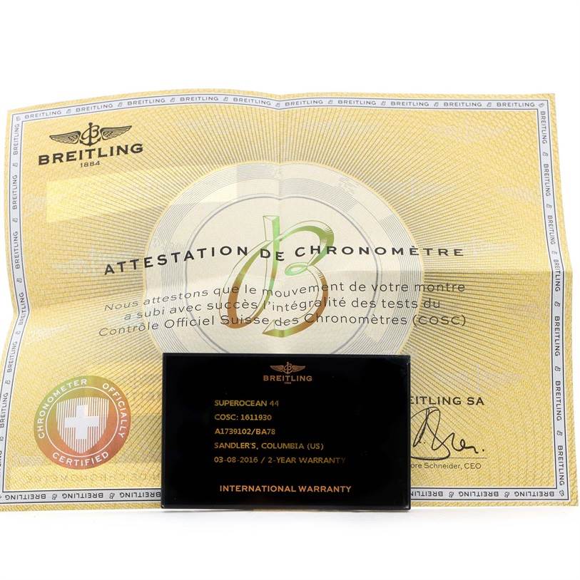 The image shows the certification and warranty card for the Breitling Superocean A17391 Men's Stainless Steel Black Dial A17391 Men's Stainless Steel Black Dial model, photographed from above.