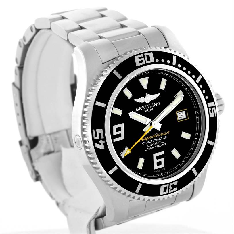 The Breitling Superocean A17391 Men's Stainless Steel Black Dial A17391 Men's Stainless Steel Black Dial watch is shown at a slight angle, highlighting the face, bezel, crown, and part of the metal bracelet.
