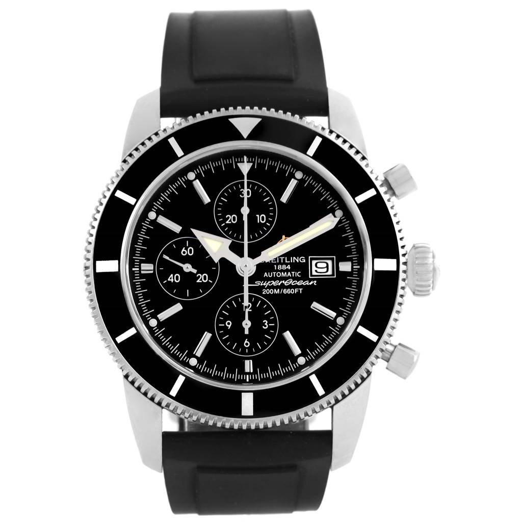 The image shows the face, bezel, and black rubber strap of the Breitling Superocean A13320 Men
s Stainless Steel Black Dial A13320 Men
s Stainless Steel Black Dial watch from a front angle.