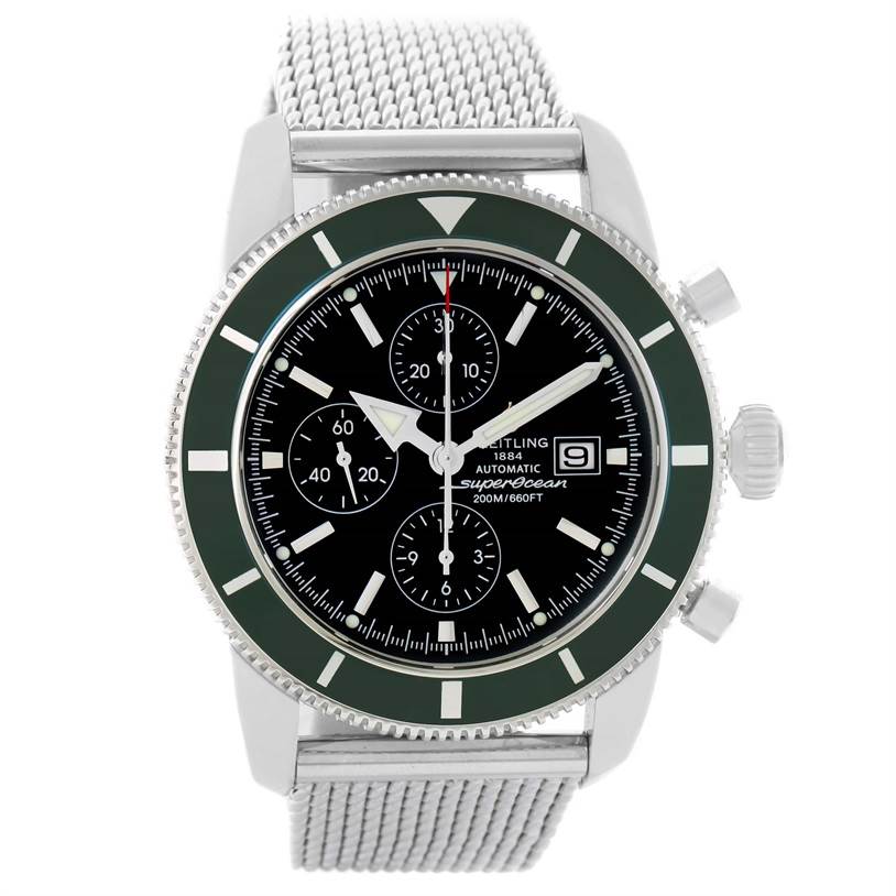 The Breitling Superocean A13320 Men's Stainless Steel Black Dial A13320 Men's Stainless Steel Black Dial watch is shown from the front, displaying the dial, bezel, pushers, crown, and mesh strap.