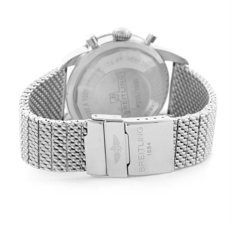 Back view of a Breitling Superocean A13320 Men's Stainless Steel Black Dial A13320 Men's Stainless Steel Black Dial watch showcasing the clasp, mesh bracelet, and case back.