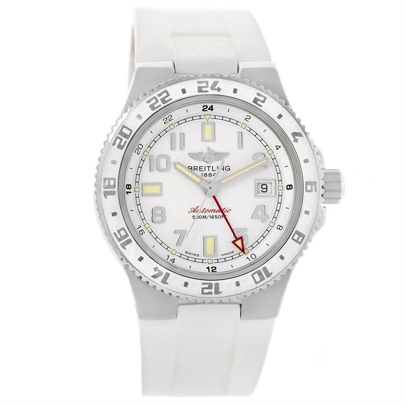 The image shows a front view of the Breitling Superocean A32380A9-A737 Stainless Steel White Dial A32380A9-A737 Stainless Steel White Dial watch, highlighting its face, bezel, crown, and strap.