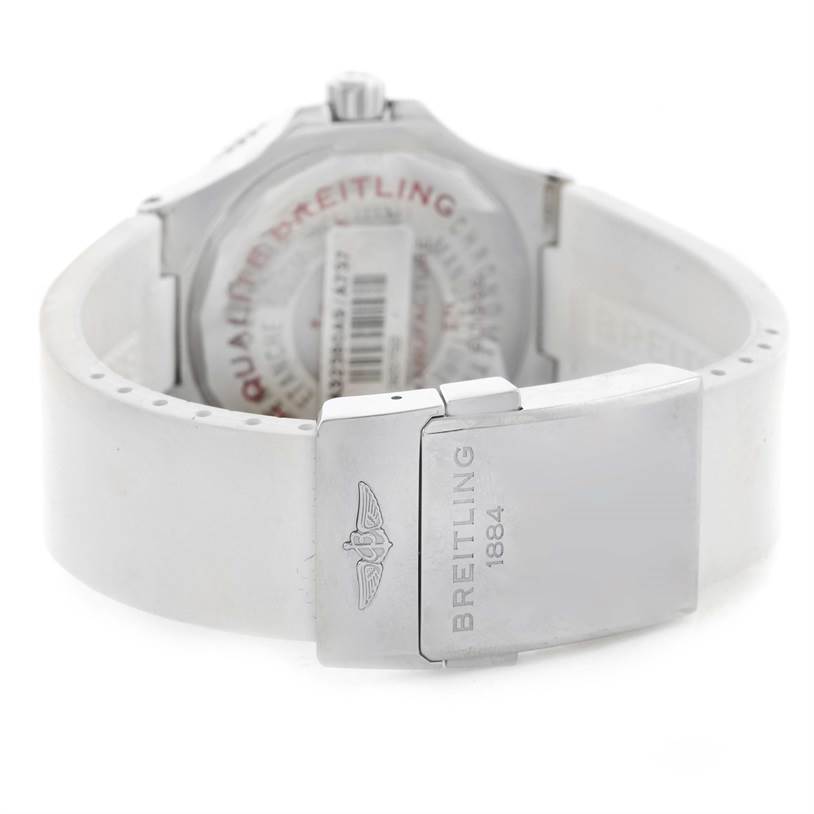 The image shows the back side and clasp of a Breitling Superocean A32380A9-A737 Stainless Steel White Dial A32380A9-A737 Stainless Steel White Dial watch in a partially open position.