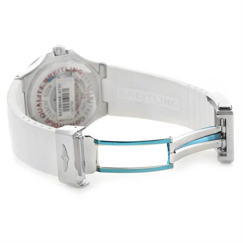 The image shows the open clasp and partial back view of a Breitling Superocean A32380A9-A737 Stainless Steel White Dial A32380A9-A737 Stainless Steel White Dial watch.