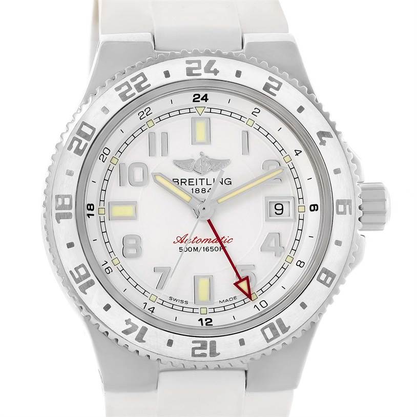 The image shows a front view of a Breitling Superocean A32380A9-A737 Stainless Steel White Dial A32380A9-A737 Stainless Steel White Dial watch, displaying the dial, bezel, and crown in detail.