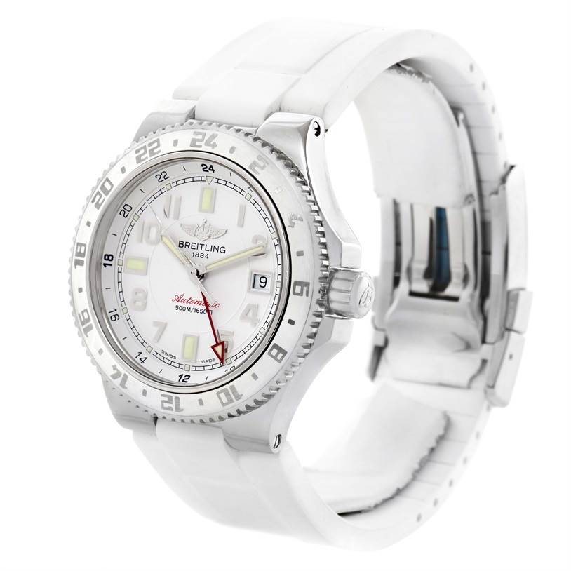 The image shows a Breitling Superocean A32380A9-A737 Stainless Steel White Dial A32380A9-A737 Stainless Steel White Dial watch from a front-left angle, highlighting the dial, bezel, crown, and strap.