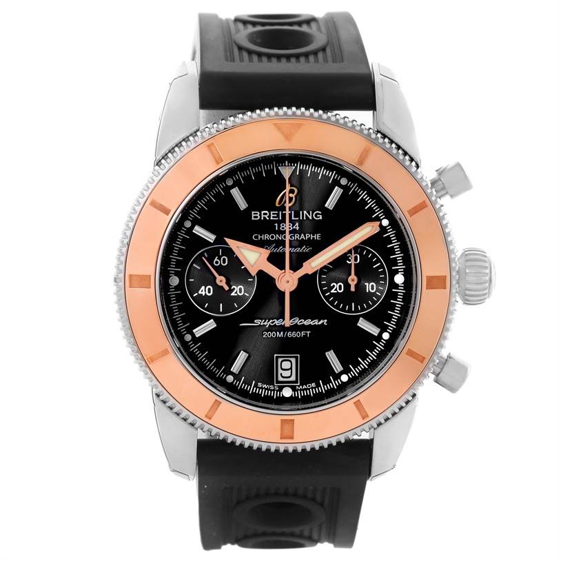 The Breitling Superocean U2337012/BB81-200S Men's Stainless Steel Black Dial U2337012/BB81-200S Men's Stainless Steel Black Dial watch is shown from a front angle, highlighting its face, bezel, and black strap.