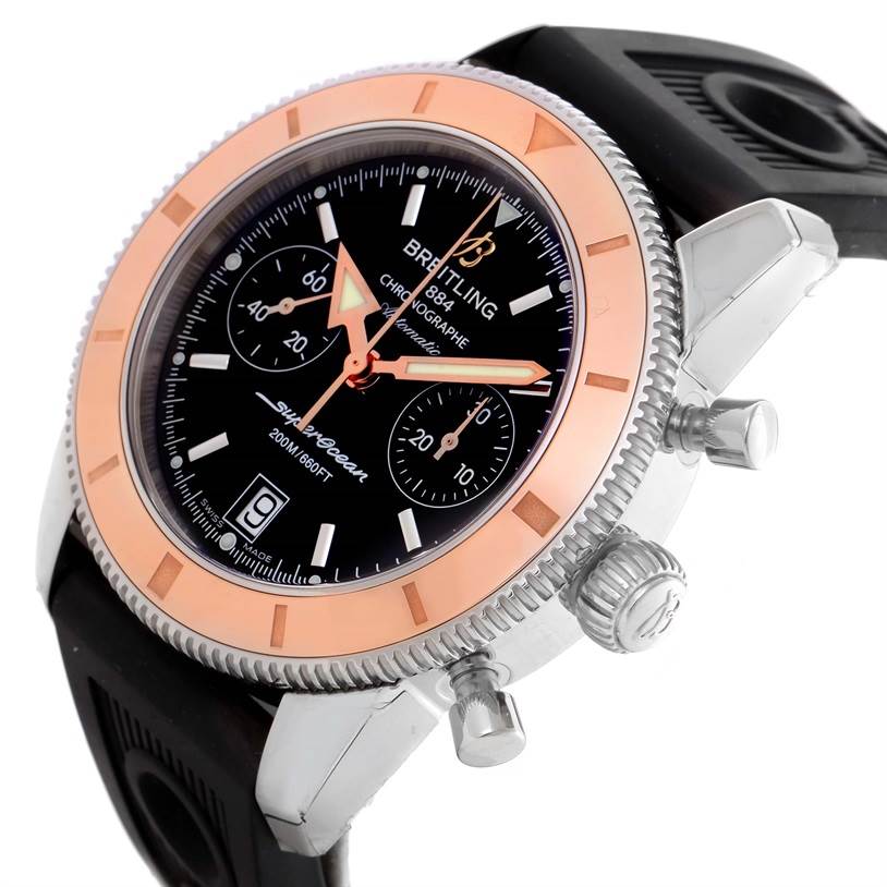 This image shows a Breitling Superocean U2337012/BB81-200S Men's Stainless Steel Black Dial U2337012/BB81-200S Men's Stainless Steel Black Dial watch at a slight side angle, highlighting its bezel, dial, crown, and pushers.