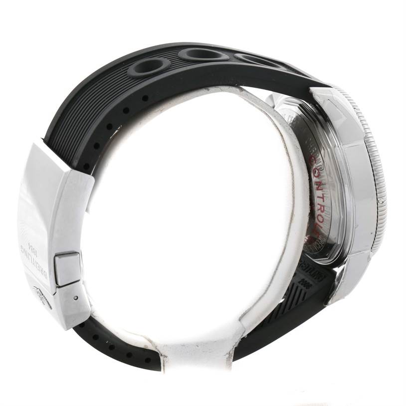 The image shows the Breitling Superocean U2337012/BB81-200S Men's Stainless Steel Black Dial U2337012/BB81-200S Men's Stainless Steel Black Dial watch from a side view, highlighting the rubber strap and clasp, along with part of the watch's case and bezel.