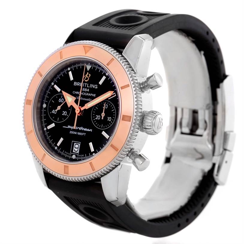 The image shows a Breitling Superocean U2337012/BB81-200S Men's Stainless Steel Black Dial U2337012/BB81-200S Men's Stainless Steel Black Dial watch at a three-quarter angle featuring the bezel, dial, chronograph pushers, and black rubber strap.