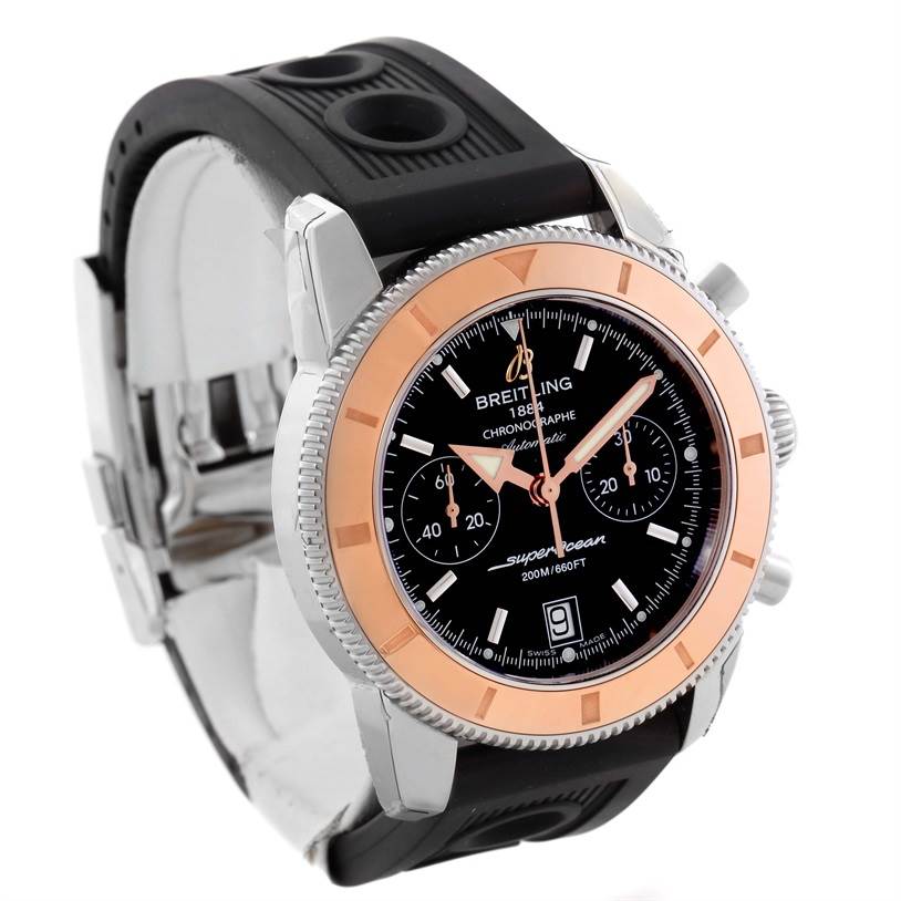 The Breitling Superocean U2337012/BB81-200S Men's Stainless Steel Black Dial U2337012/BB81-200S Men's Stainless Steel Black Dial watch is shown from a front-left angle, highlighting its bezel, dial, and black rubber strap.
