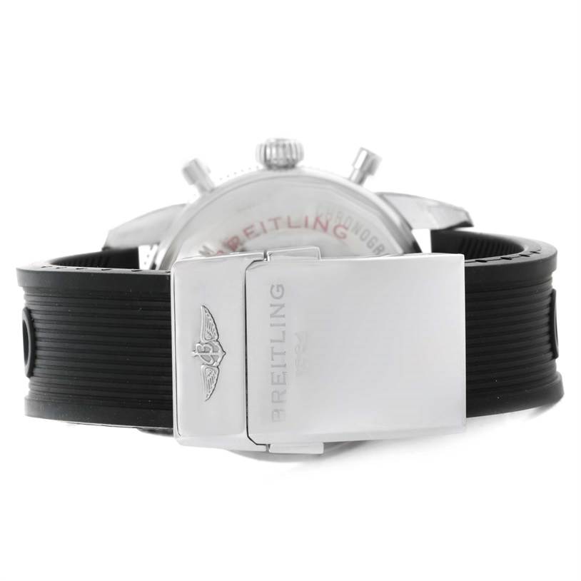 The image shows the back view of a Breitling Superocean U2337012/BB81-200S Men's Stainless Steel Black Dial U2337012/BB81-200S Men's Stainless Steel Black Dial watch with a focus on its black rubber strap and stainless steel clasp.