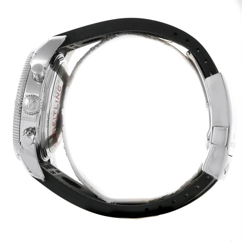 The image shows a side view of the Breitling Superocean U2337012/BB81-200S Men's Stainless Steel Black Dial U2337012/BB81-200S Men's Stainless Steel Black Dial watch, highlighting the crown, pushers, and part of the strap and buckle.