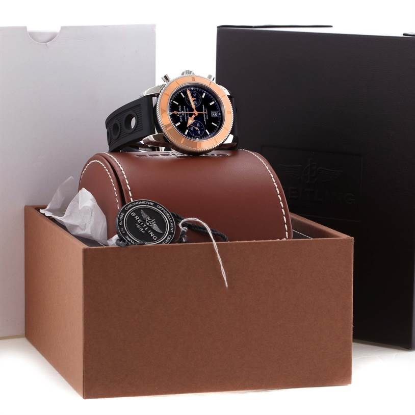 The Breitling Superocean U2337012/BB81-200S Men's Stainless Steel Black Dial U2337012/BB81-200S Men's Stainless Steel Black Dial watch is displayed at a slight angle, showing its face, bezel, and part of the strap, in its packaging.
