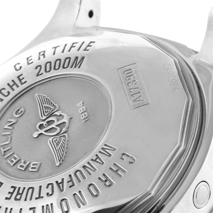This image shows the detailed engraving and certification markings on the back case of a Breitling Superocean A17390 Men's Stainless Steel White Dial A17390 Men's Stainless Steel White Dial watch.