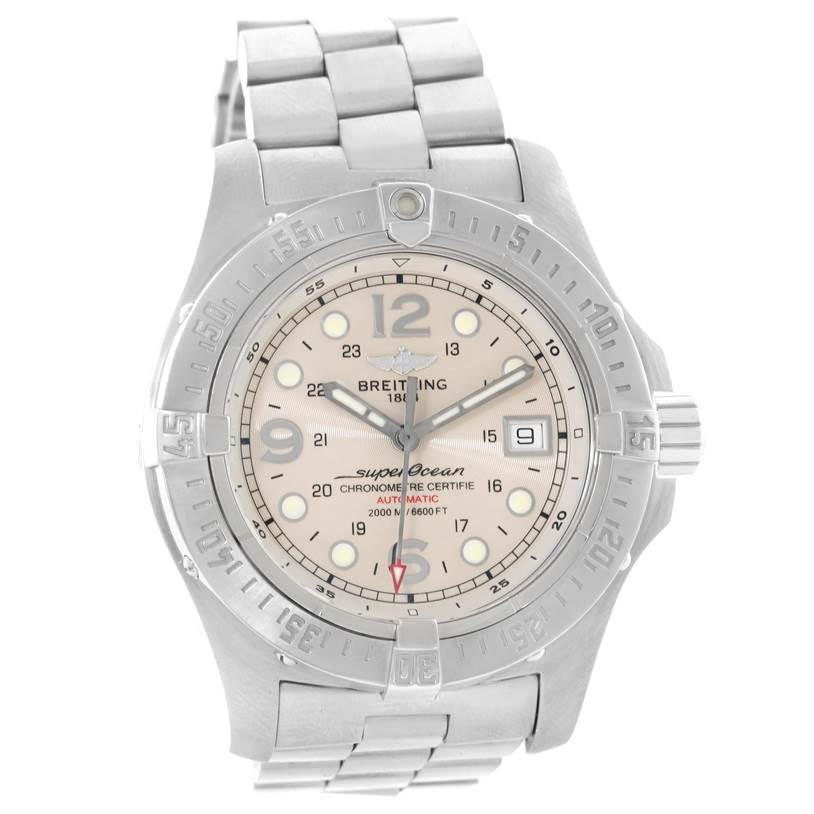 The image shows a front angle of the Breitling Superocean A17390 Men's Stainless Steel White Dial A17390 Men's Stainless Steel White Dial watch, highlighting its dial, bezel, and bracelet.
