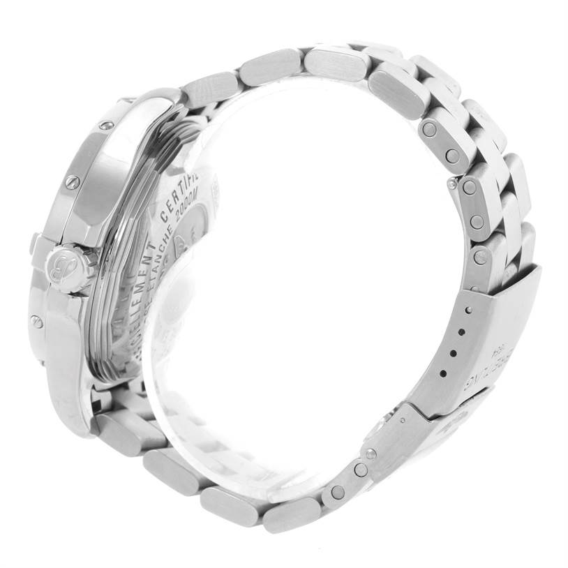 This image shows a side view of the Breitling Superocean A17390 Men's Stainless Steel White Dial A17390 Men's Stainless Steel White Dial watch, highlighting its stainless steel case, crown, and bracelet.