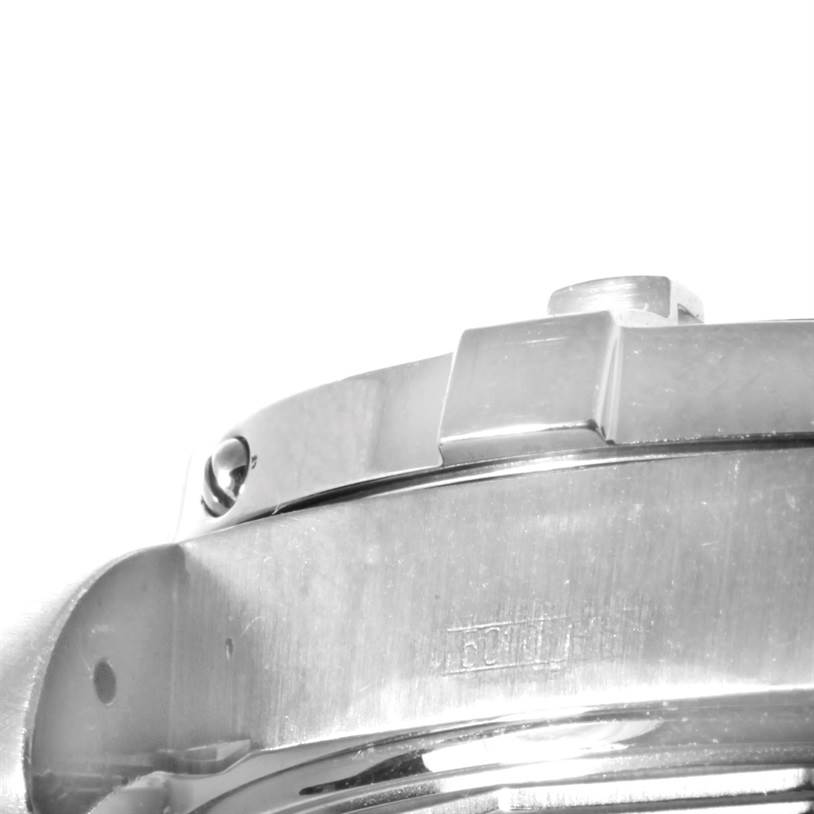 This close-up image of a Breitling Superocean A17390 Men's Stainless Steel White Dial A17390 Men's Stainless Steel White Dial watch shows the side of the case and part of the crown.