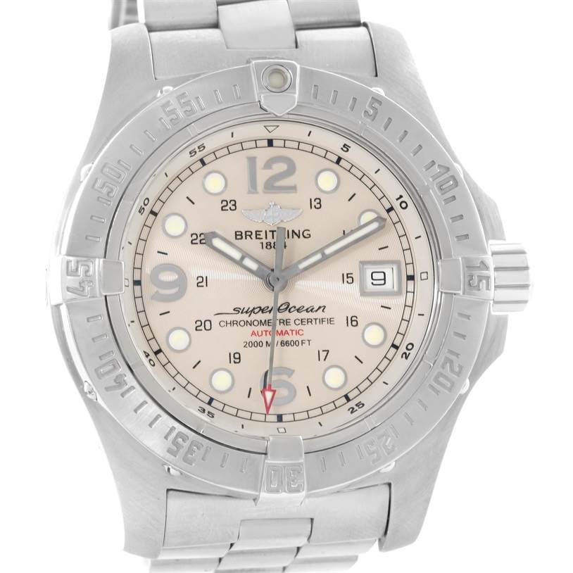 The Breitling Superocean A17390 Men's Stainless Steel White Dial A17390 Men's Stainless Steel White Dial watch is shown from the front, displaying its dial, bezel, hands, and part of the metal bracelet.