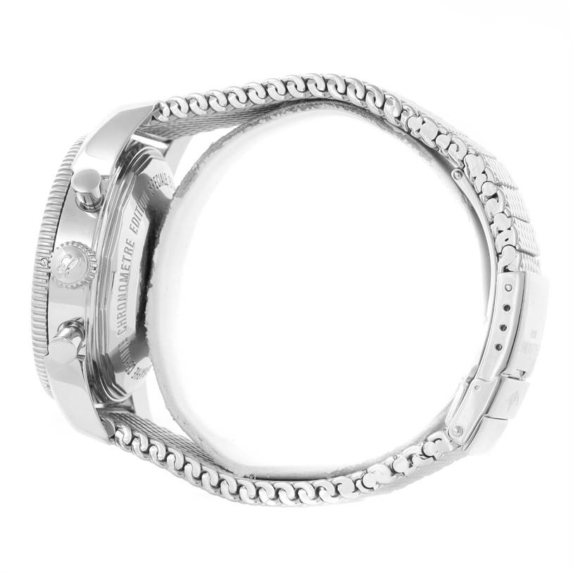 This image shows a side profile of the Breitling Superocean A2337016-C856-154A Men's Stainless Steel Blue Dial A2337016-C856-154A Men's Stainless Steel Blue Dial watch, highlighting the case, crown, pushers, and metal bracelet.