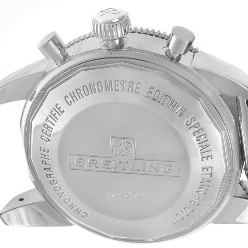 The image shows the back case, crown, and pushers of a Breitling Superocean A2337016-C856-154A Men's Stainless Steel Blue Dial A2337016-C856-154A Men's Stainless Steel Blue Dial watch.