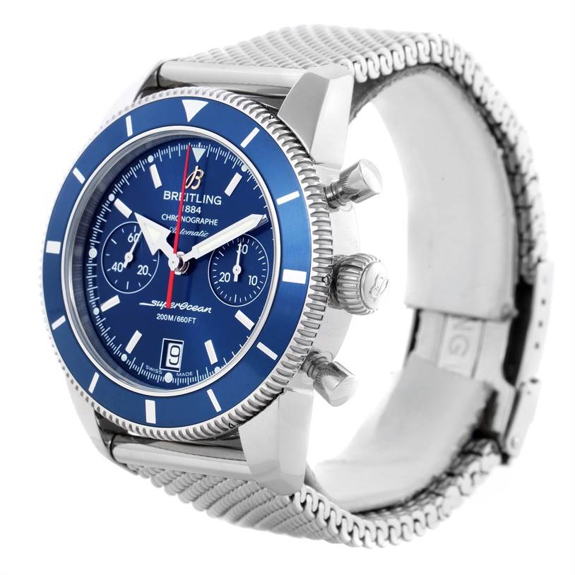The Breitling Superocean A2337016-C856-154A Men's Stainless Steel Blue Dial A2337016-C856-154A Men's Stainless Steel Blue Dial watch is shown at an angle highlighting its blue dial, bezel, chronograph subdials, crown, and metal bracelet.