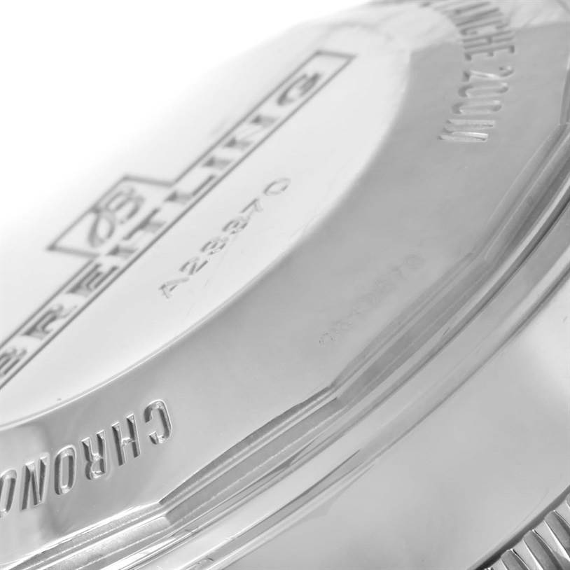 The image shows a close-up of the case back of the Breitling Superocean A2337016-C856-154A Men's Stainless Steel Blue Dial A2337016-C856-154A Men's Stainless Steel Blue Dial watch, displaying "CHRONO" and depth rating engravings.