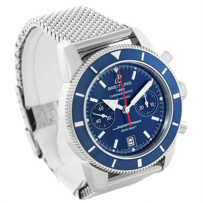 The image shows a Breitling Superocean A2337016-C856-154A Men's Stainless Steel Blue Dial A2337016-C856-154A Men's Stainless Steel Blue Dial model watch at a slight angle, highlighting the blue dial, bezel, chronograph subdials, and mesh bracelet.