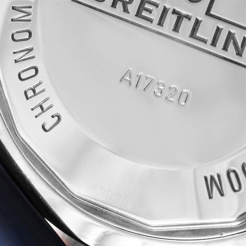 The image shows a close-up of the case back of a Breitling Superocean A17320 Men
s Stainless Steel Blue Dial A17320 Men
s Stainless Steel Blue Dial watch, highlighting engravings and model number A17320.