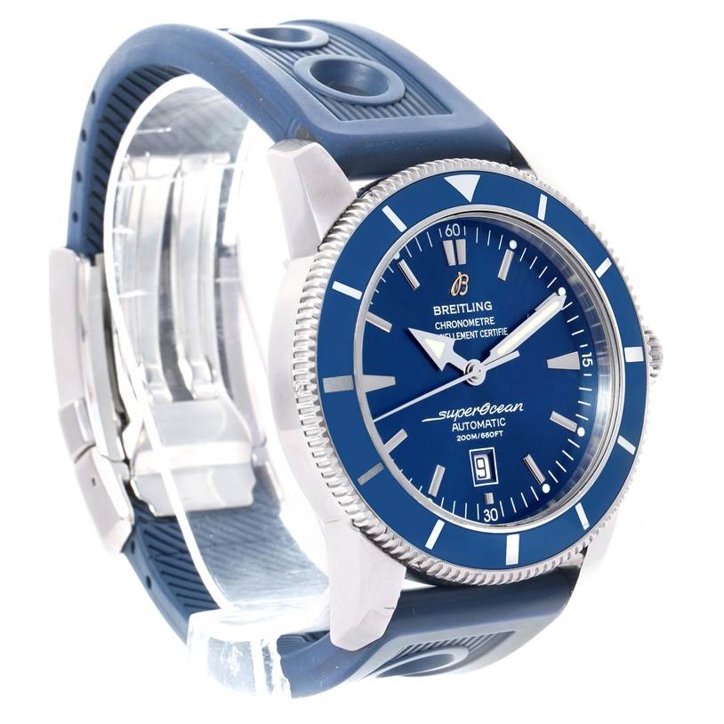 The Breitling Superocean A17320 Men
s Stainless Steel Blue Dial A17320 Men
s Stainless Steel Blue Dial watch is shown at a slight angle, displaying its face, bezel, and blue rubber strap.