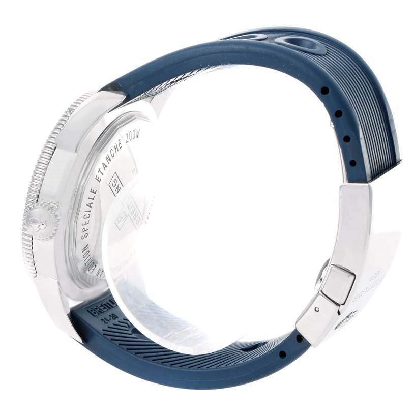 The image shows a side view of a Breitling Superocean A17320 Men
s Stainless Steel Blue Dial A17320 Men
s Stainless Steel Blue Dial watch, highlighting its back case, crown, and blue strap.