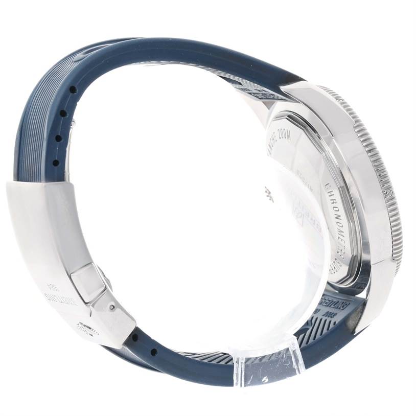 The image shows the side view of a Breitling Superocean A17320 Men
s Stainless Steel Blue Dial A17320 Men
s Stainless Steel Blue Dial watch, including the strap and case back.