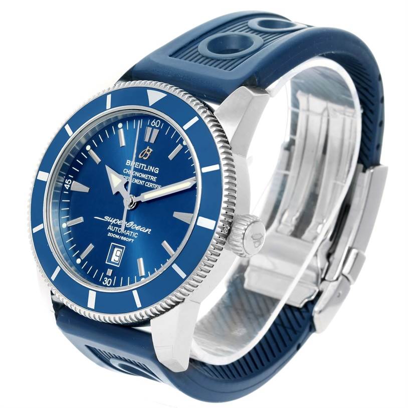 The image shows a side view of a Breitling Superocean A17320 Men
s Stainless Steel Blue Dial A17320 Men
s Stainless Steel Blue Dial watch with a blue dial and strap, and stainless steel case and clasp.