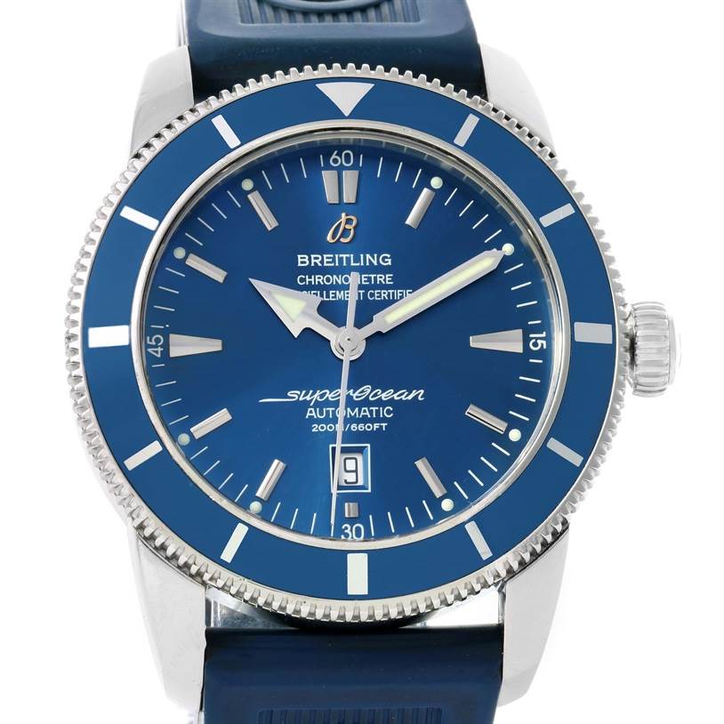 The image shows a front view of a Breitling Superocean A17320 Men
s Stainless Steel Blue Dial A17320 Men
s Stainless Steel Blue Dial watch with a blue dial and bezel, silver markers, and a blue strap.