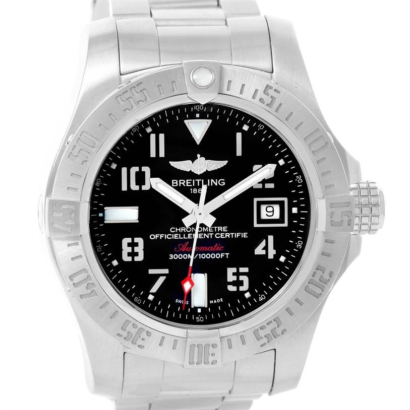 The image shows a front view of the Breitling Avenger A17331 Men's Stainless Steel Black Dial A17331 Men's Stainless Steel Black Dial watch, highlighting its dial, bezel, and bracelet.