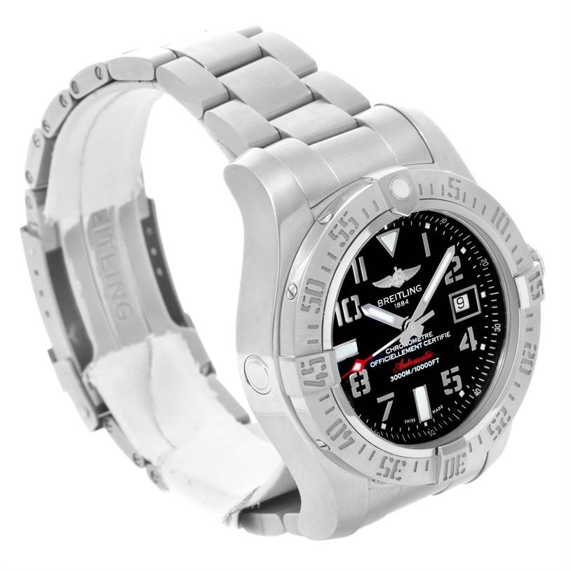 The image shows a side-angle view of a Breitling Avenger A17331 Men's Stainless Steel Black Dial A17331 Men's Stainless Steel Black Dial watch, displaying its dial, bezel, and bracelet clearly.