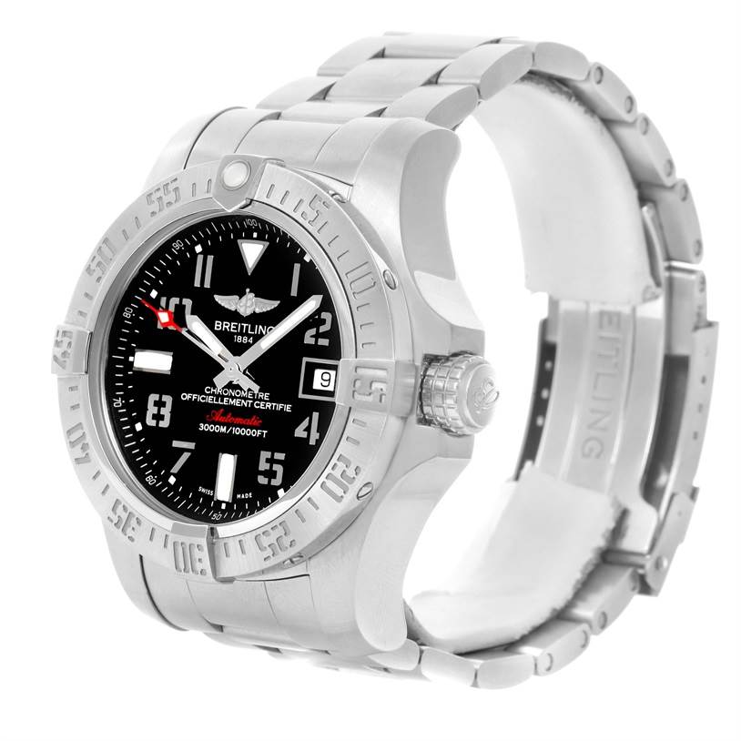 The image shows a Breitling Avenger A17331 Men's Stainless Steel Black Dial A17331 Men's Stainless Steel Black Dial watch at a slight angle, displaying its dial, bezel, and stainless steel bracelet.